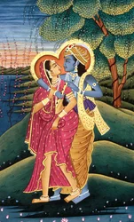 Maleri av Gud Krishna og hennes største hengivne Radha, India