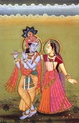 Maleri av Gud Krishna og hennes største hengivne Radha, India