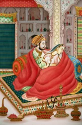 Maleri av Mughal-keiseren med sin forelskede kone, scene, India