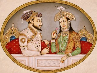 Portrett av Mughal-keiseren Shahjahan med dronning Mumtaz Mahal, India