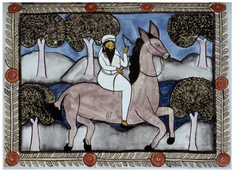 Portrett av Osama bin Laden, historien om angrepene 11. september 2001 fortalt av kjøpmennene Baul fra Bengal. Maleri, serie, nummer 9/9, Bengal.