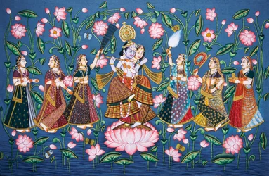 Radha Krishna med Sakhis miniatyrmaleri på papir