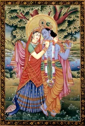 Miniatyrmaleri på papir av kjærlighetsscene fra Radha og Krishna