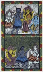 Shiva gir liv til Ganesha (Ganesh eller Ganapati), i armene til moren Parvati, etter å ha kuttet hodet til en arm av sinne. Pat: malt rull fra Bengal-regionen, som fungerer som et narrativt medium for musikere Baoul (eller baul). Leonard de Selva specia