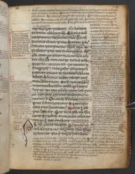 Harley 1802, f.19r, Dekorert initial 'P'(ater) med et dyrehode i begynnelsen av Pater Noster eller Fadervor, fra Gospels of Maelbrigte ('Armagh-evangeliene'; 'Marelbrid-evangelier'), med gloser