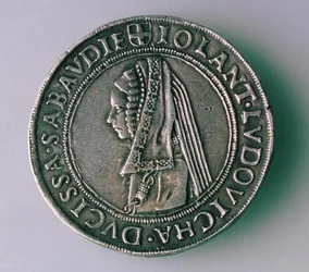 4-Teston-mynt (revers) av Philibert II av Savoy (1497-1504) som viser hans kone, Iolanta Ludovica