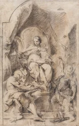 Tilbedelse av Madonna og barnet med St. Hieronymus og en skytsengel (kull og kritt på papir)