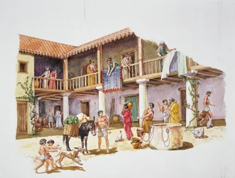Antikkens Athen - rekonstruksjon av et hus (farge litho)