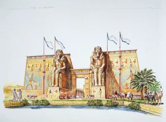 Antikkens Theben - rekonstruksjon av statuene av Amenhotep III, kjent som Memnonkolossene, på Ramses IIs tid