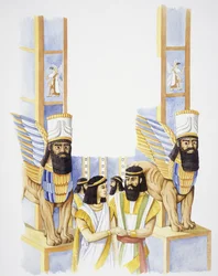 Nebukadnesar, kongen av Babylon, med sin kone Amytis av Media, datter av kongen av media (farge litho)