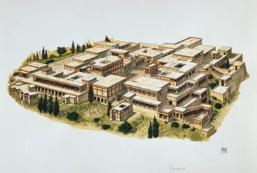 Rekonstruksjon av Knossos-palasset, Kreta, 1900-tallet f.Kr. (farge litho)