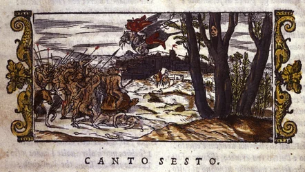 Ruggiero blir båret av hippogriffen til øya Alcina hvor han blir angrepet av en hær av monstre, scene fra "Orlando Furioso" av Ludovico Ariosto (1474-1533)