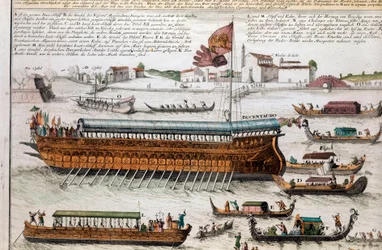 Utsikt over Venezia-lagunen og Bucentaur. (Bucentauro) På Kristi himmelfartsdag krysset dogen Venezia-lagunen for å nå munningen av det åpne hav ombord på et skip kalt Bucentaur. Gravering. Venezia, correr museum