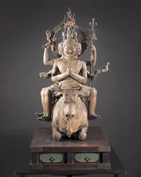 Daiitoku Myoo, Kamakura-perioden, ca. 1251-99 (tre, metall, bladgull og pigment)