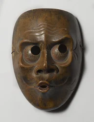 Maske muligens av Usofuki, karakter i Kyogen Plays (tre)