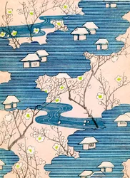 Mønster for et Kimono-design: Hytter med elver og kirsebærblomster, ca. 1900 (farget treblokktrykk)