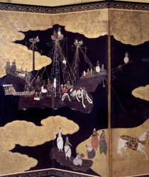 "Portugisisk" skjerm: en representasjon av ankomsten av portugisiske jesuittmisjonærer til Japan på 1500-tallet. Detalj. Realisert av Kano-skolen (?). 1593-1600. Lisboas museum for antikk kunst