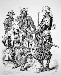 Samurai fra det gamle Japan iført tradisjonell drakt og rustning (litho)