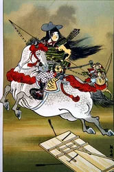 Tomoe, en modig kvinnekriger i Japan under Genji- og Heishi-perioden (fargelitho)