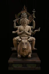 Wisdom King of Awe-inspiring Power (Daiitoku Myōō) (polykromt tre med krystall, bladgull og metall)