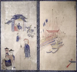 Et panel fra en åttefoldig skjerm som viser en historie om de tre kongedømmene (naturlige pigmenter på papir)