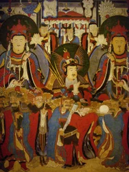 Buddha og bodhisattva ledsaget av sine voktere, rullemaleri, Joseon-perioden (1392-1896), Korea. Koreas nasjonalmuseum, Seoul, Republikken Korea