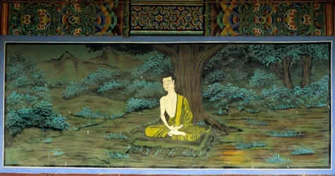 Buddha i meditasjon. Fresco i Yongju-tempelet, Suwon-regionen, Korea.