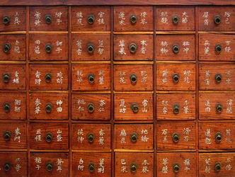 Detalj av et medisinsk treskap, Joseon-perioden, Korea, Kim Chong-hak-samlingen. Fotografi, Koreas nasjonalmuseum, Republikken Korea, 2006.