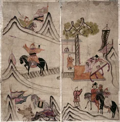 To paneler av en åttefoldig skjerm som viser «En historie om tre kongedømmer» (naturlige pigmenter på papir)