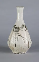 Vase med krysantemum og husdesign, Choson-dynastiet (keramikk)