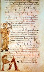 Saint Matthew; letter M (head of the lion of Saint Mark). Page in “” Sacramentary of Gellone”, folio 42. Enluminated by David, v. 790, France, Meaux or Cambrai. BN, Paris