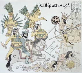 Kamper mellom spanjolene og aztekerne i slaget ved Xallipatlavaya, illustrasjon fra en faksimile av et meksikansk indiansk bildehistorisk «Lienzo de Tlaxcala» fra ca. 1550