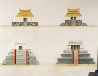 Historisk rekonstruksjon av bygninger i Tenochtitlan (farge litho)