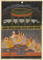 En prins som feirer Holi med palasskvinner på en terrasse om natten, ca. 1760 (ugjennomsiktig akvarell og gull på papir)