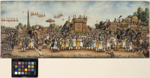 Akbar Shah II rir på en elefant i en enorm prosesjon, ca. 1835 (ugjennomsiktig akvarell og gull på elfenben)