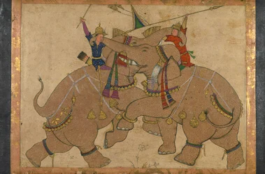 Elephant Combat (blekk, pigmenter på papir montert på papp)