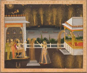 Damer som feirer Diwali, ca. 1760 (ugjennomsiktig akvarell og gull på papir)