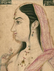 Lal Kunwar, favoritten til den åttende Mughal-keiseren Jahandar Shah (død 1125 AH/AD 1713), Mughal-miniatyr (papir med blekk, maling og gull montert på papp)