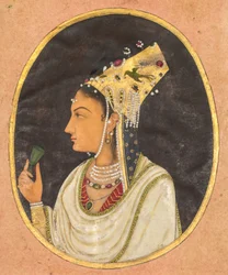 Ovalt portrett av en kvinne i en Chaghtai-hatt, ca. 1740-50 (ugjennomsiktig akvarell og gull på papir)