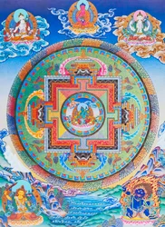 Grønn Tara Mandala som skildrer mors beskytter fra alle farer i tilværelsens hav (gouache på tøy)