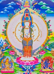 Bilde som viser de tusen armene Avalokiteshvara, den elleve hodede Avalokiteshvara med tusen armer og 1022 øyne som symboliserer uendelig medfølelse (gouache på tøy)