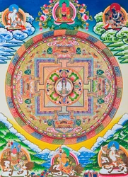 Mandala med Avalokiteshvara med tusen armer; den hellige, magiske sirkelen som fremstiller den ellevehodede bodhisattvaen, et symbol på uendelig medfølelse
