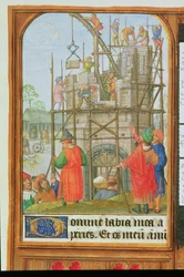 Legg til 35313 f.34 Bygningen av Babelstårnet, Brugge eller Gent, ca. 1500 (vellum)