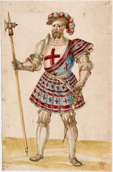 Cotton Augustus III, f.25, A knight with pole-hammer (vellum)   1352086   no       norwegian Successfully Translated  Original: Angel, flying, with cup and wine flask (Ink, color wash and gold on paper) Translat: Angel, flying, with cup and wine flask (Ink
