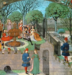 Harl 4425 f.12v Hagescene, elskeren og damen Oyseuse (Lediggang) utenfor hagemurene, fra 