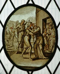 Roundel: Tobias vender tilbake til Sarah (farget glass)