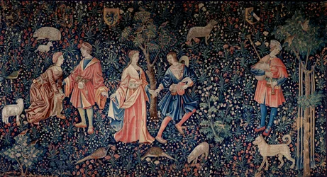 The curtain of the Lordship Life: en galante scene. Ull- og silketeppe laget rundt 1520 i Nederland. Søn 2,6x3,7 m Paris, middelalderens nasjonalmuseum, Thermes de Cluny