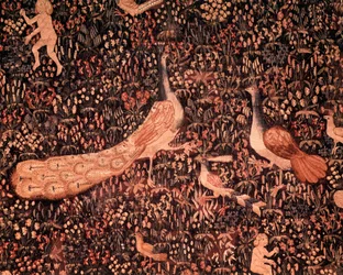 Teppet om det herskapelige livet: detalj som viser fugler og en påfugl. Teppe av ull og silke laget omkring 1520 i Nederland. 2,6 x 3,7 m, Paris, Nasjonalmuseet for middelalderen, Thermes de Cluny