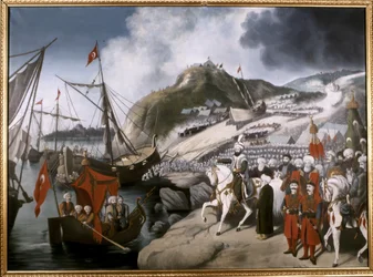 DET OTTOMANSKE RIKE: Sjøsetting av Sultan Mehmet Erobreren sine skip til Det gylne horn under ... (olje på lerret)