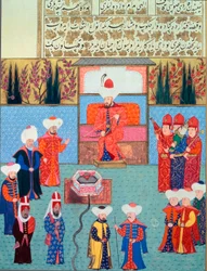 Sultan Orhan (Orkhan eller Urchan) I (1281-1360) har sin miniatyrdomstol fra "Hunername" til Lokman, vol. 1 (H 1523, f.7) 1584 Topkapi Sarayi Museum Library Istanbul